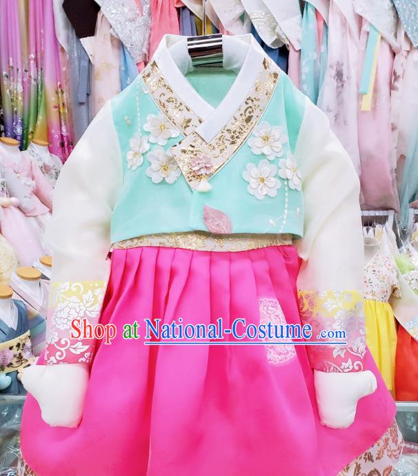 Asian Korea Girl Blue Blouse and Rosy Dress Korean Traditional Children Garments Fashion Performance Hanbok Clothing