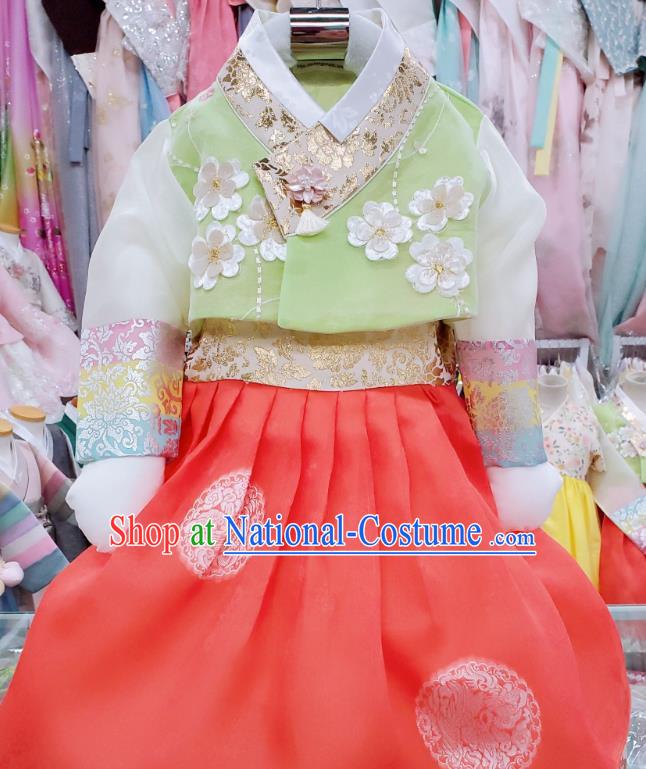 Asian Korea Girl Green Blouse and Red Dress Traditional Children Garments Fashion Korean Stage Hanbok Clothing