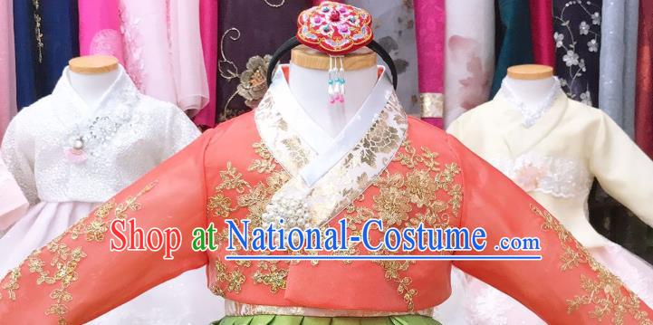 Asian Korea Girl Red Blouse and Green Dress Korean Children Garments Fashion Traditional Festival Hanbok Clothing