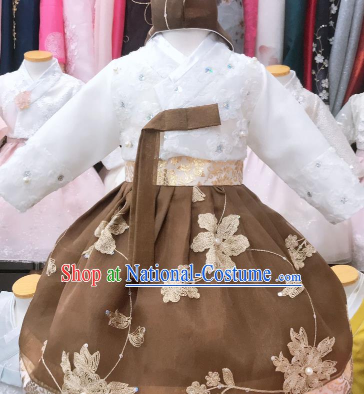 Asian Korea Traditional Festival Hanbok Clothing Girl White Blouse and Brown Dress Korean Children Garments Fashion