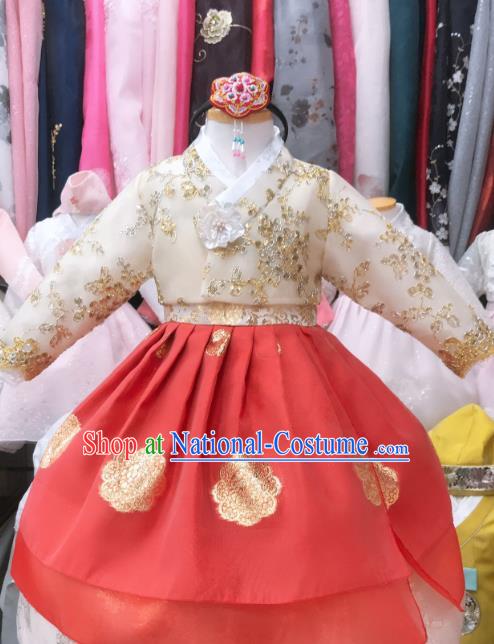 Asian Korea Children Princess Garments Fashion Traditional Birthday Hanbok Clothing Korean Girl Beige Blouse and Red Dress