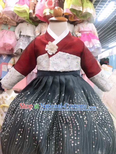 Asian Traditional Festival Garments Fashion Korean Hanbok Clothing Korea Children Wine Red Blouse and Black Dress