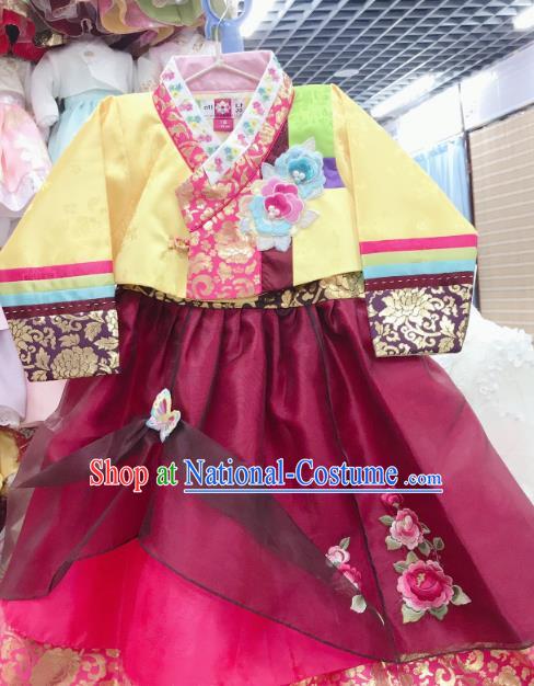 Asian Korea Girl Yellow Blouse and Wine Red Dress Traditional Fashion Garments Korean Court Princess Hanbok Clothing