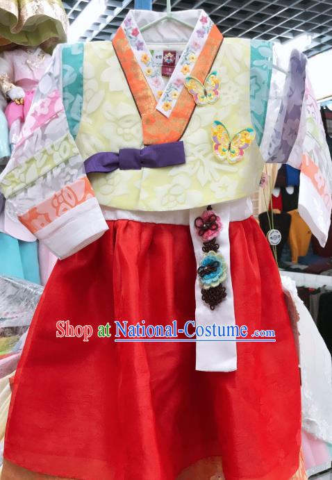 Korean Girl Princess Fashion Korea Court Hanbok Clothing Asian Traditional Yellow Blouse and Red Dress Garments