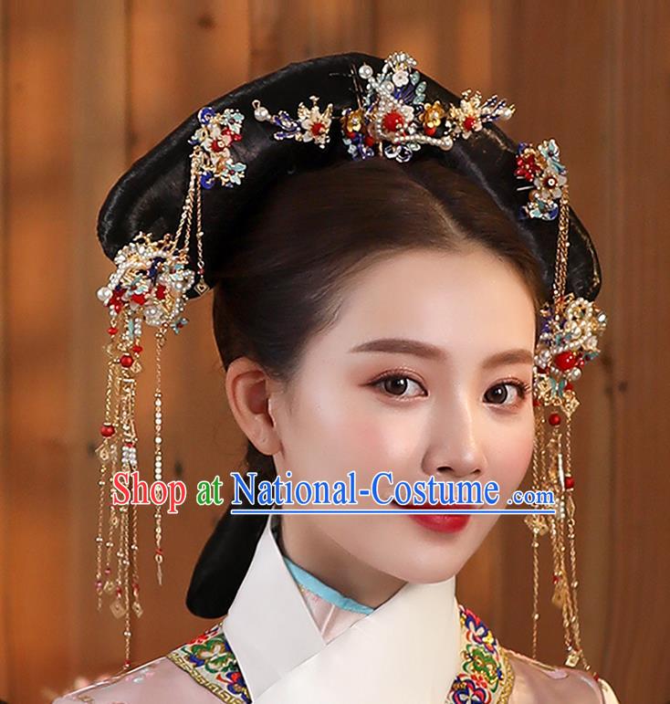 Chinese Ancient Imperial Concubine Headdress Traditional Qing Dynasty Manchu Woman Wigs and Hair Accessories