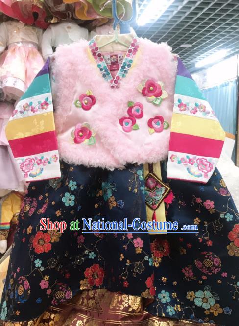 Korea Traditional New Year Garments Fashion Asian Korean Children Hanbok Clothing Pink Vest Blouse and Navy Dress