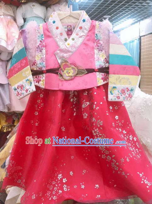 Asian Korean Hanbok Clothing Korea Children Pink Vest Blouse and Rosy Dress Traditional New Year Garments Fashion