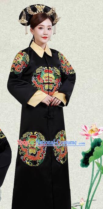 China Ancient Queen Black Dress Garments Traditional Qing Dynasty Empress Fu Cha Historical Clothing and Headdress Full Set