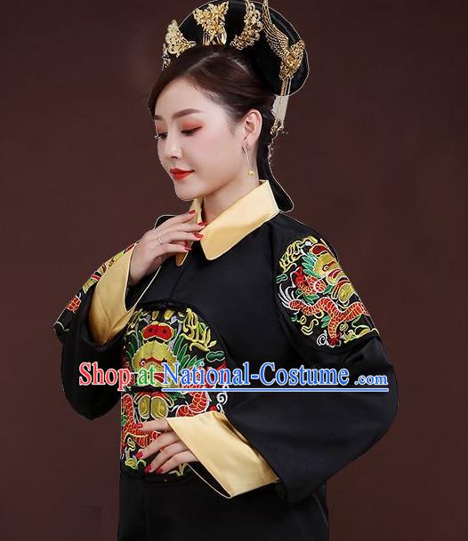 China Ancient Queen Black Dress Garments Traditional Qing Dynasty Empress Fu Cha Historical Clothing and Headdress Full Set