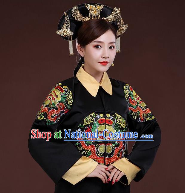 China Ancient Queen Black Dress Garments Traditional Qing Dynasty Empress Fu Cha Historical Clothing and Headdress Full Set