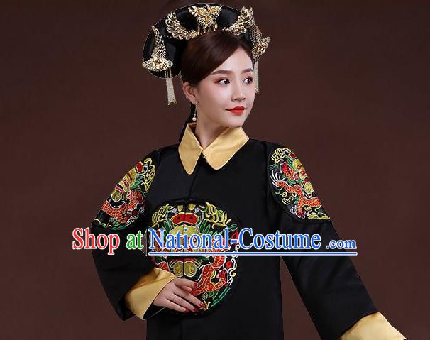 China Ancient Queen Black Dress Garments Traditional Qing Dynasty Empress Fu Cha Historical Clothing and Headdress Full Set