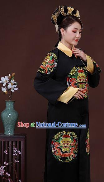 China Ancient Queen Black Dress Garments Traditional Qing Dynasty Empress Fu Cha Historical Clothing and Headdress Full Set