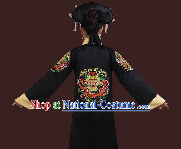 China Ancient Queen Black Dress Garments Traditional Qing Dynasty Empress Fu Cha Historical Clothing and Headdress Full Set