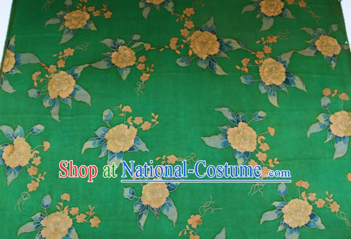 China Green Gambiered Guangdong Gauze Traditional Cheongsam Silk Fabric Classical Peony Pattern Cloth Drapery