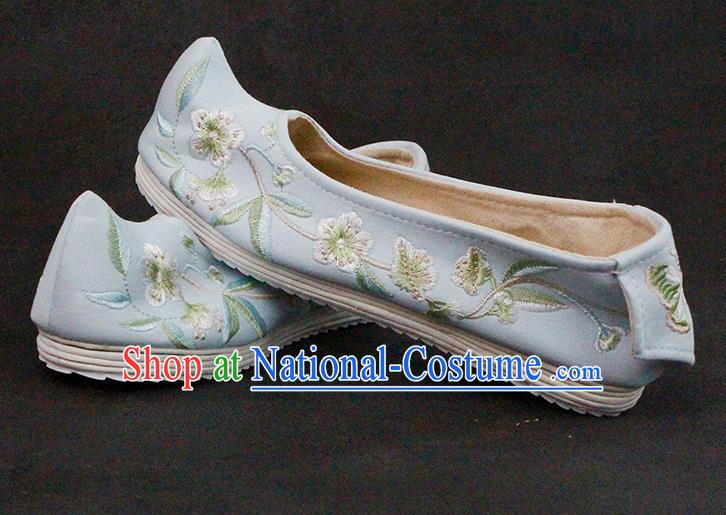 Chinese Ancient Princess Hanfu Shoes Traditional Ming Dynasty Blue Cloth Shoes Embroidered Shoes