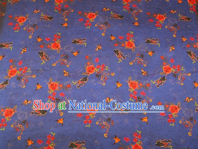 China Classical Cheongsam Gambiered Guangdong Gauze Traditional Peony Pattern Blue Brocade Drapery Silk Fabric