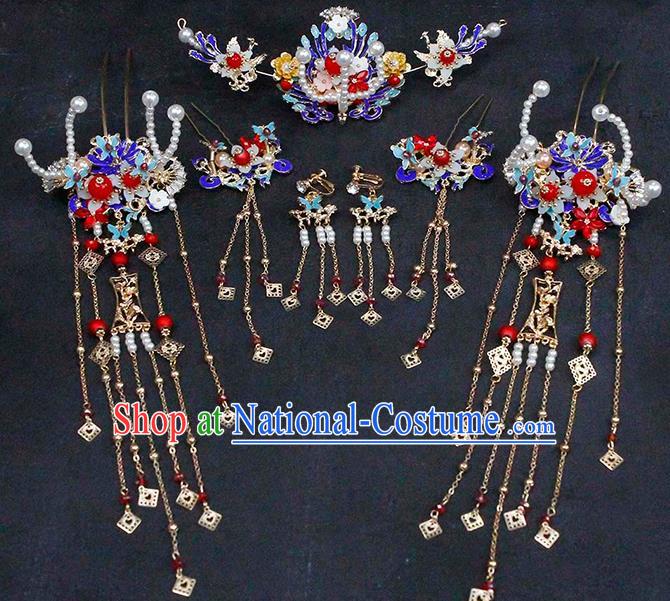 China Traditional Wedding Bride Headwear Ancient Bride Blueing Hair Comb and Tassel Hairpins