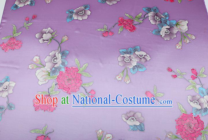 China Traditional Peony Pattern Lilac Brocade Printing Silk Fabric Classical Cheongsam Satin Drapery