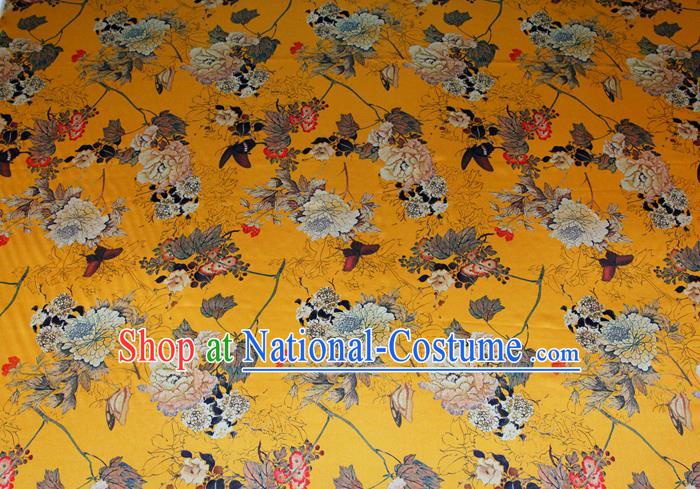 China Classical Cheongsam Printing Peony Yellow Satin Drapery Traditional Brocade Silk Fabric