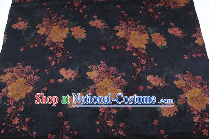 China Classical Cheongsam Peony Pattern Brocade Navy Gambiered Guangdong Gauze Traditional Silk Fabric