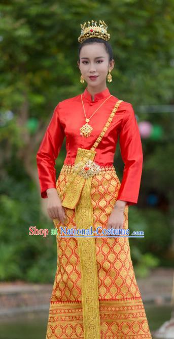 Asian Thai Woman Stage Performance Clothing Traditional Thailand Court Princess Red Blouse and Skirt Uniforms