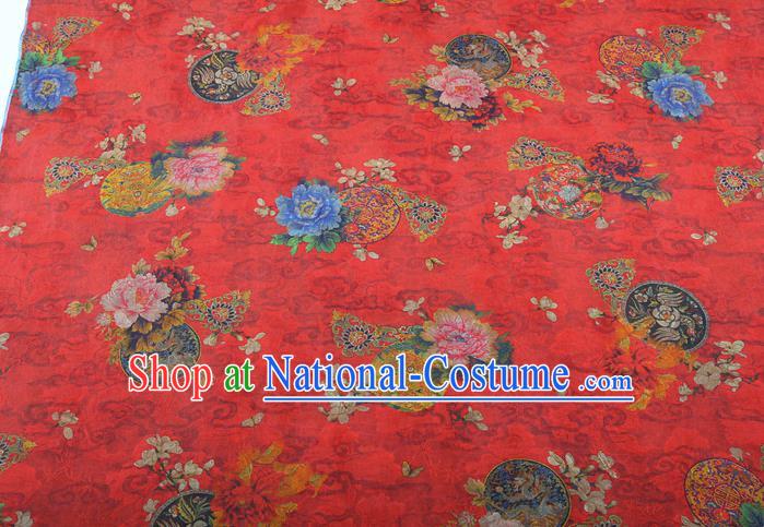 China Classical Wedding Dress Red Brocade Traditional Peony Pattern Gambiered Guangdong Gauze Silk Fabric