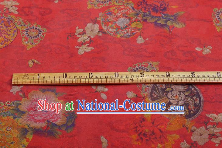 China Classical Wedding Dress Red Brocade Traditional Peony Pattern Gambiered Guangdong Gauze Silk Fabric