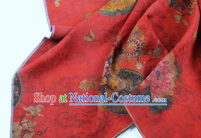 China Classical Wedding Dress Red Brocade Traditional Peony Pattern Gambiered Guangdong Gauze Silk Fabric