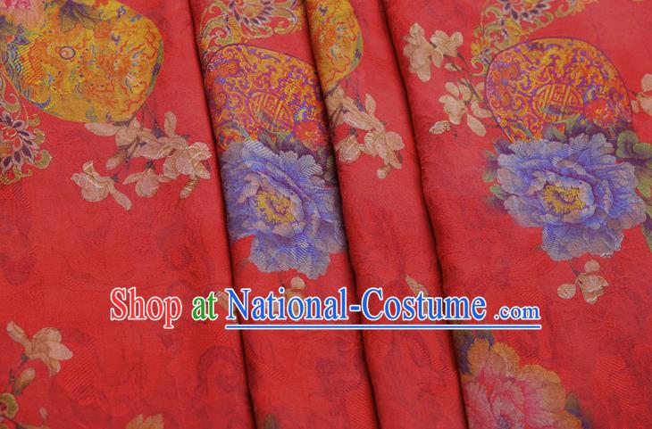 China Classical Wedding Dress Red Brocade Traditional Peony Pattern Gambiered Guangdong Gauze Silk Fabric