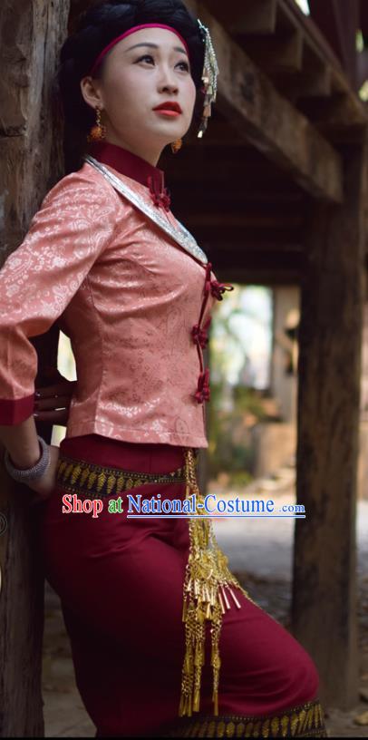 China Dai Nationality Minority Stage Performance Clothing Yunnan Ethnic Folk Dance Pink Blouse and Wine Red Skirt Uniforms