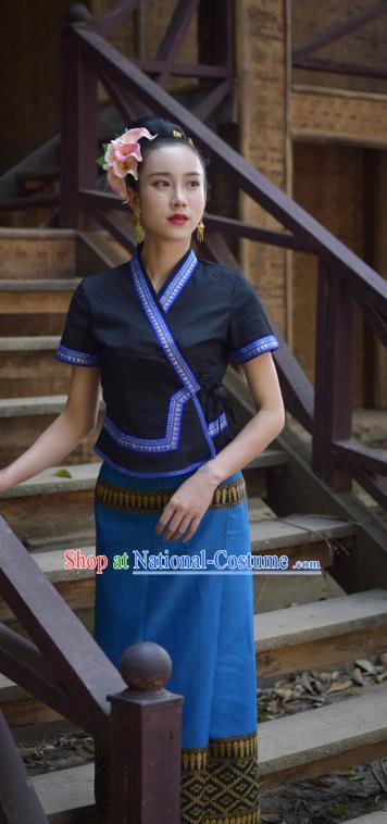 China Dai Nationality Clothing Yunnan Ethnic Water Sprinkling Festival Navy Blouse and Blue Skirt Uniforms