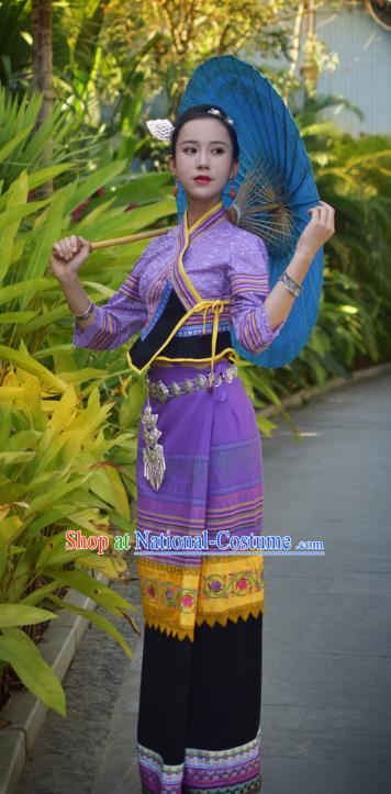 China Yunnan Ethnic Young Woman Purple Blouse and Skirt Uniforms Dai Nationality Stage Performance Clothing