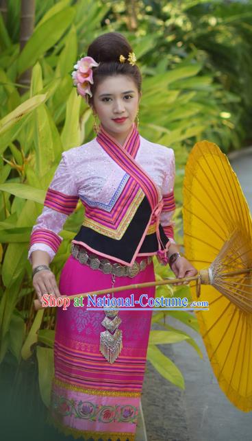 China Yunnan Ethnic Dance Pink Blouse and Rosy Skirt Uniforms Dai Nationality Young Female Clothing