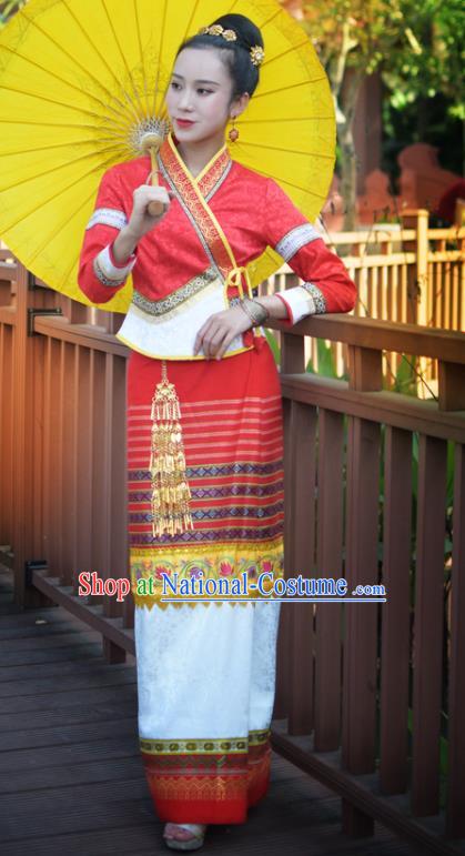 China Yunnan Ethnic Wedding Red Blouse and Skirt Uniforms Dai Nationality Bride Clothing