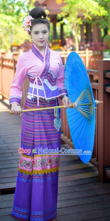 China Yunnan Ethnic Dance Pink Blouse and Purple Skirt Uniforms Dai Nationality Stage Show Clothing