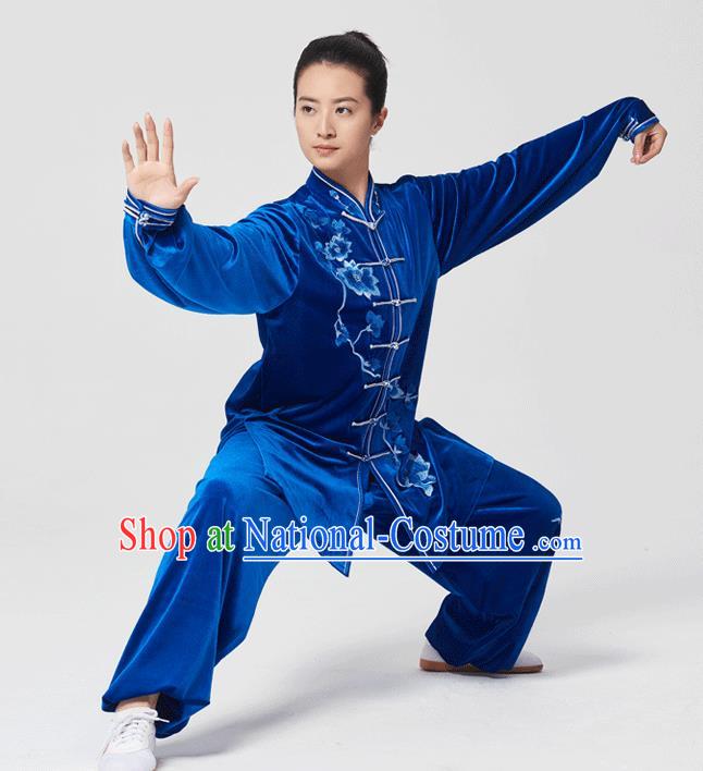 China Tai Chi Kung Fu Costumes Traditional Martial Arts Embroidered Royalblue Velvet Uniforms