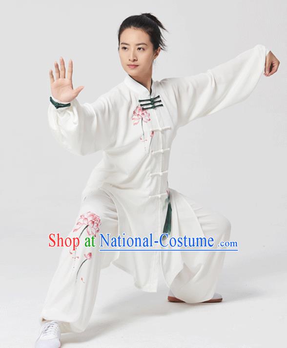 China Tai Chi Painting Lotus Costumes Traditional Kung Fu White Flax Uniforms