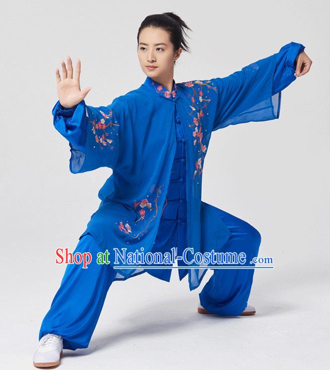 China Tai Chi Three Pieces Costumes Traditional Kung Fu Embroidered Royalblue Uniforms