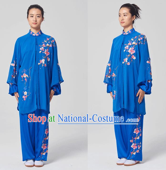 China Tai Chi Three Pieces Costumes Traditional Kung Fu Embroidered Royalblue Uniforms