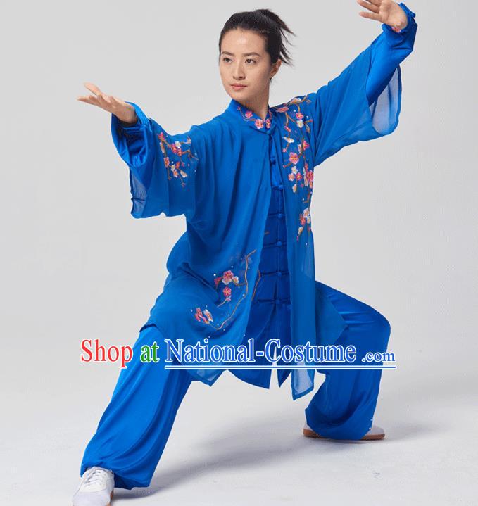 China Tai Chi Three Pieces Costumes Traditional Kung Fu Embroidered Royalblue Uniforms