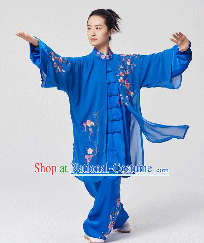 China Tai Chi Three Pieces Costumes Traditional Kung Fu Embroidered Royalblue Uniforms