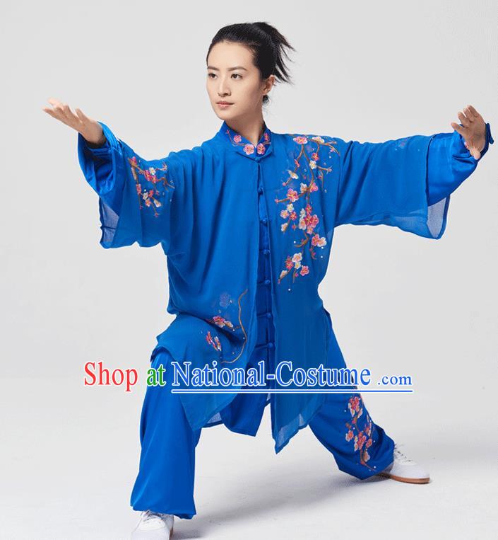 China Tai Chi Three Pieces Costumes Traditional Kung Fu Embroidered Royalblue Uniforms