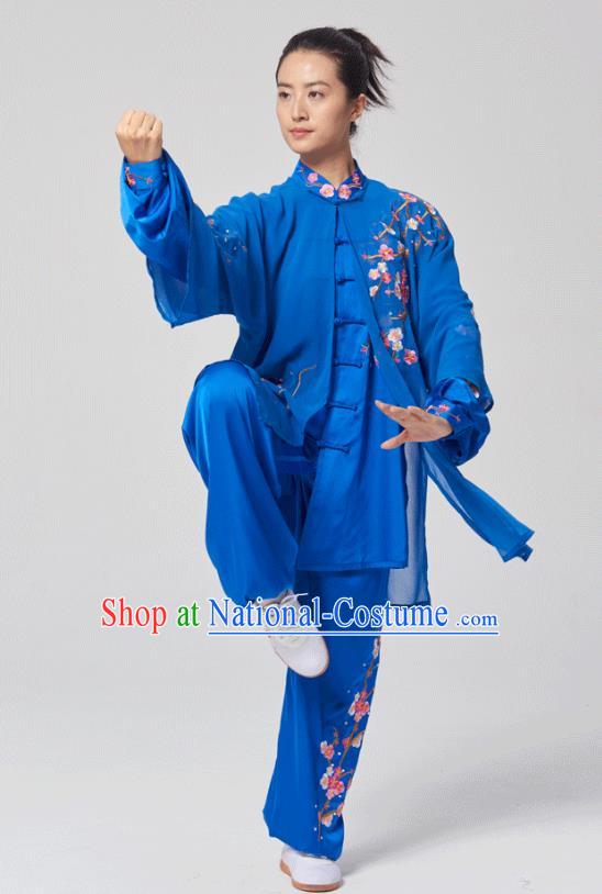 China Tai Chi Three Pieces Costumes Traditional Kung Fu Embroidered Royalblue Uniforms