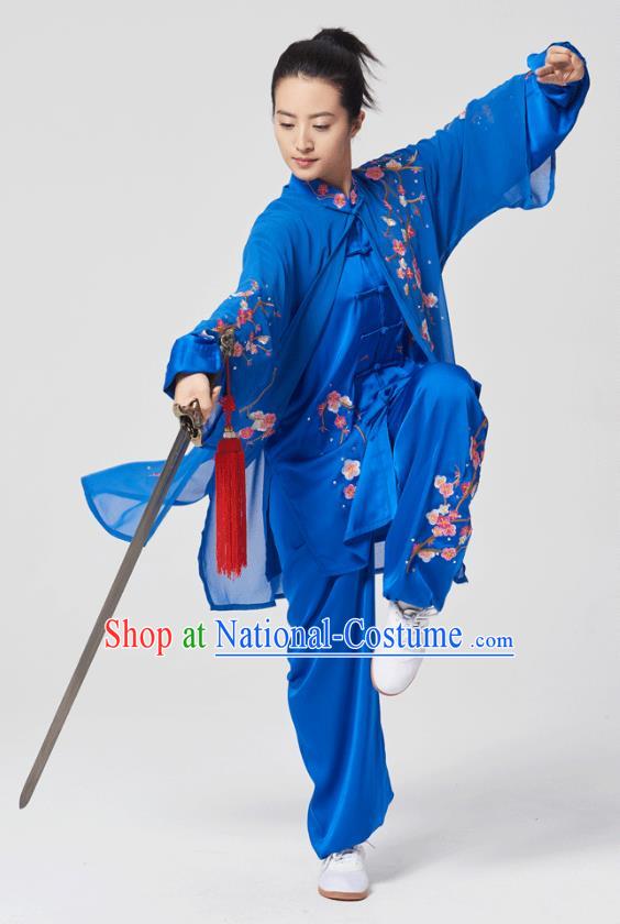 China Traditional Kung Fu Embroidered Phoenix Royalblue Uniforms Tai Chi Three Pieces Costumes