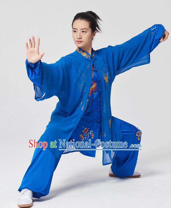 China Traditional Kung Fu Embroidered Phoenix Royalblue Uniforms Tai Chi Three Pieces Costumes