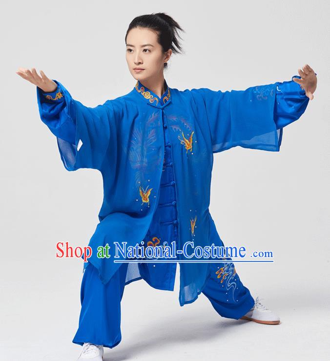 China Traditional Kung Fu Embroidered Phoenix Royalblue Uniforms Tai Chi Three Pieces Costumes