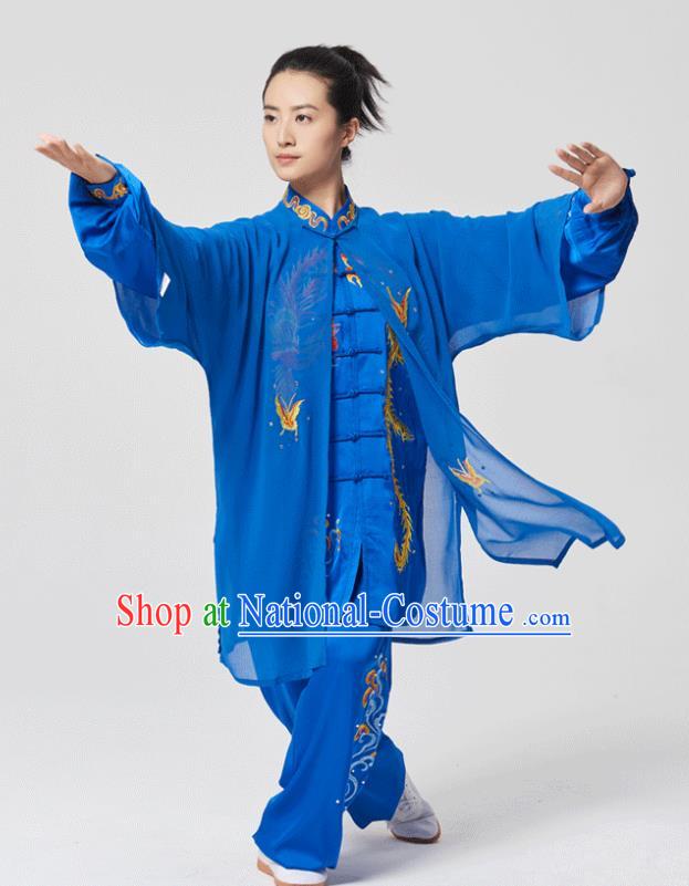 China Traditional Kung Fu Embroidered Phoenix Royalblue Uniforms Tai Chi Three Pieces Costumes