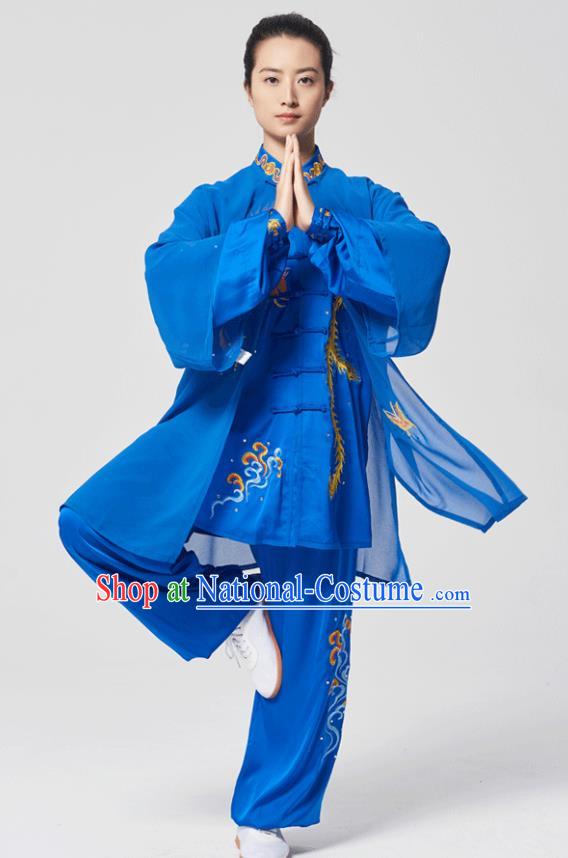 China Traditional Kung Fu Embroidered Phoenix Royalblue Uniforms Tai Chi Three Pieces Costumes