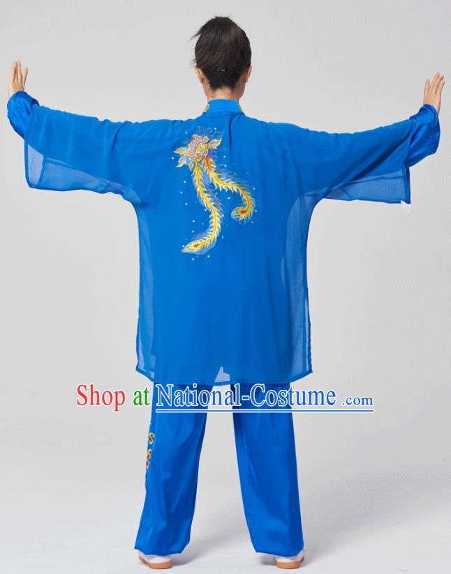 China Traditional Kung Fu Embroidered Phoenix Royalblue Uniforms Tai Chi Three Pieces Costumes