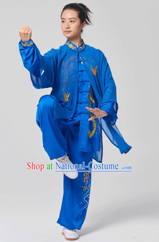 China Traditional Kung Fu Embroidered Phoenix Royalblue Uniforms Tai Chi Three Pieces Costumes